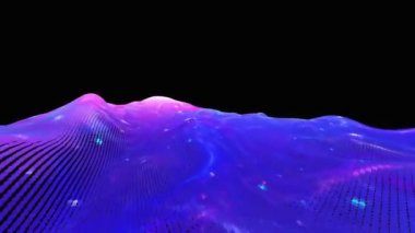 Fly above colorful neon spotted mountain on black background. 3D animation