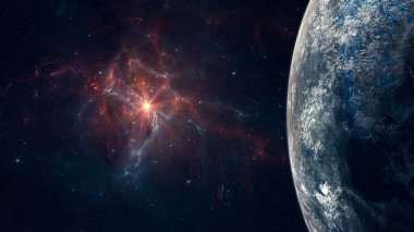 Uzay arkaplanı. Yıldız alanı ve gezegeni olan renkli fraktal nebula. NASA tarafından döşenmiş elementler. 3B görüntüleme
