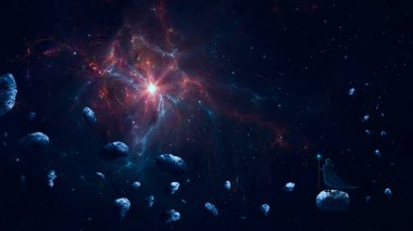 Asteroitte renkli nebula ve yıldız alanıyla duran bir sihirbaz. Boşluk dijital resim
