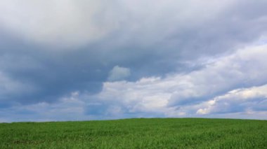 Yeşil tarım alanının üzerindeki bulut zaman atlaması. Basit doğa, iklim geçmişi