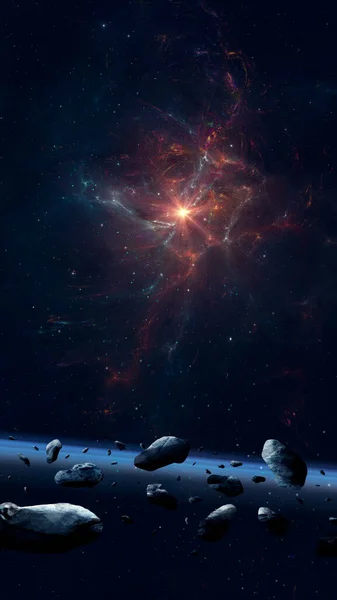 Sfondo Spaziale Nebulosa Frattale Colorata Con Asteroidi Anello Planetario Campo — Foto Stock