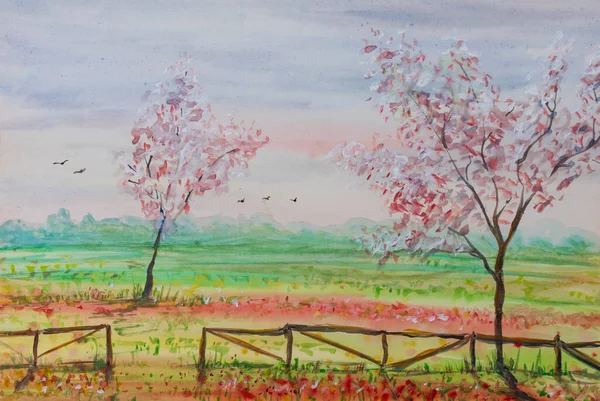 Watercolor handmade painting. Spring landscape with cherry blossom tree, meadow, wood fence  and flying bird
