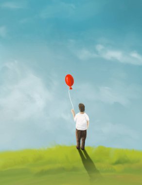Mavi gökyüzü ve bulutla çayır çimen tepesinde duran kırmızı balonlu küçük bir çocuk. Basit karton resimleme arkaplanı
