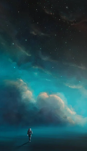 Weltraum Hintergrund Astronaut Geht Auf Reflexionsoberfläche Mit Bunten Wolken Nebel — Stockfoto