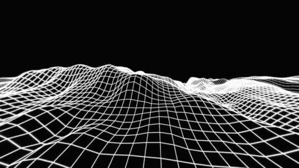 黒の背景にカラフルな白いワイヤーフレームの山の上を飛ぶ 3Dアニメーション — ストック動画
