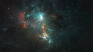 Uzay arkaplanı. Yıldız alanıyla renkli fraktal nebuladan uç. 3D bilim, fantezi animasyonu