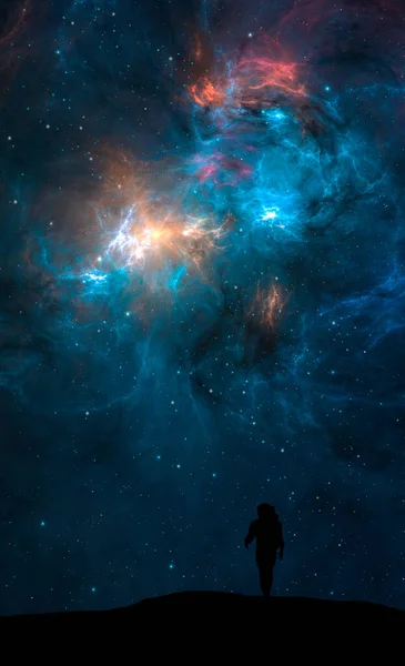 Space background. Astronaut silhouette walk on land in colorful fractal blue nebula. Digital painting, 3D rendering