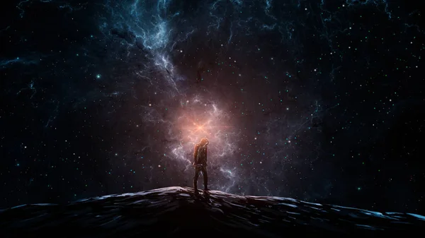 Rymdbakgrund Man Silhuett Luvtröja Stående Land Färgglada Fraktal Nebulosa Digitalt — Stockfoto