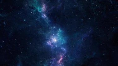 Uzay arkaplanı. Renkli mavi ve menekşe nebulasının içinden yıldız alanıyla uç. Dijital Canlandırma