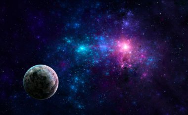 Uzay arkaplanı. İki yıldızın parladığı gezegen mavi ve mor fraktal nebulada uçuyor. NASA tarafından döşenmiş elementler. 3B görüntüleme