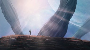 Astronaut walking on grass hill with stone pillars and planet. Fantasy landscape background, digital hand painting clipart