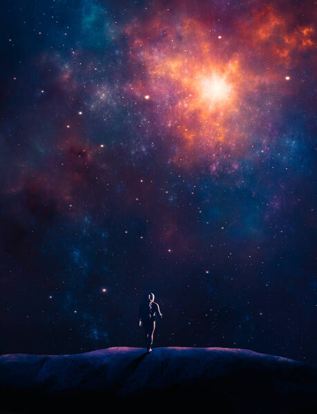 Astronaute Marchant Sur Paysage Montagneux Avec Nébuleuse Fractale Étoiles Fantaisie — Photo