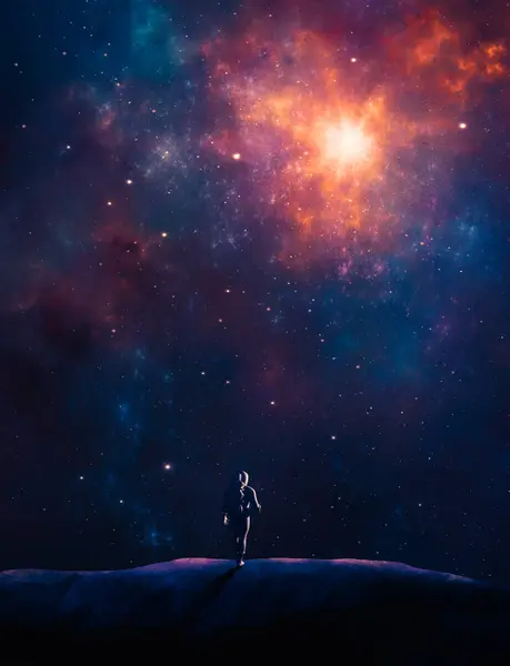 Astronaut Walking Mountain Landscape Fractal Nebula Stars Fantasy Digital Painted — Stock Photo, Image