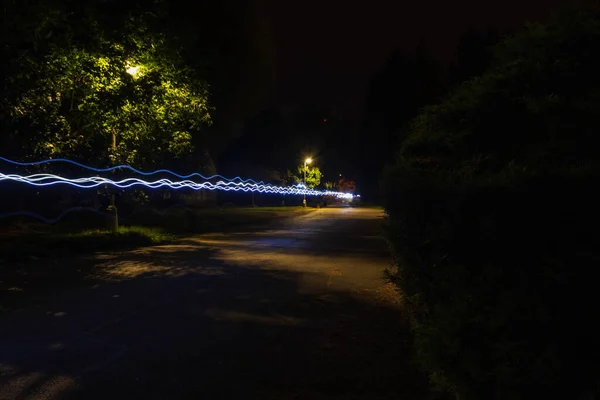 Night run Ceske Budejovice. Long exposure of group race runners running in city park at night. Trail of headlamp