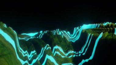 Renkli yeşil ve mavi parlayan neon dağının üzerinde uç. Siyah arka planda. 3 Boyutlu Canlandırma