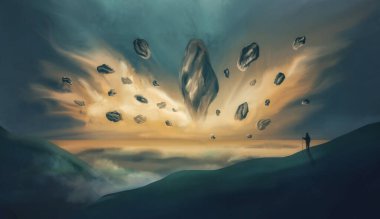 Patlamadan dolayı kayan taşlarla tepede yürüyen bir adam silueti. Soyut fantezi manzarası dijital tablo