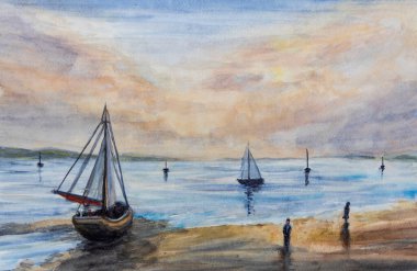 Gölde, denizde ve gün batımında gökyüzünün altında yürüyen insanlar. Elle boyanmış suluboya manzara