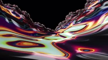 Siyah arka planlı, neon dağlık fraktal mermer arazide uçuyor. Modern topoğrafya haritası, veri, soyut arkaplan