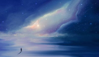 Uzay arkaplanı. Astronot renkli nebula ile kara yüzeyinde yürüyor. Dijital resim, 3D görüntüleme