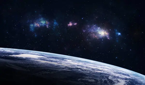 Uzay arkaplanı. Renkli fraktal nebulası ve yıldız alanı olan bir gezegen. NASA tarafından döşenmiş elementler. 3B görüntüleme