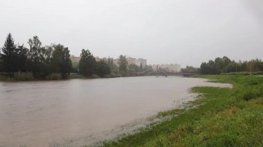 Ceske Budejovice, Çek Cumhuriyeti 14 Eylül 2024: Şişmiş Vltava Nehri, sel tehlikesi