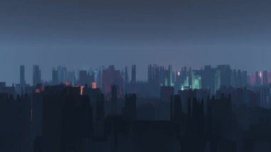 Soyut modern şehir sisli renkli siluet. Yan çekimler, binaların arka planı