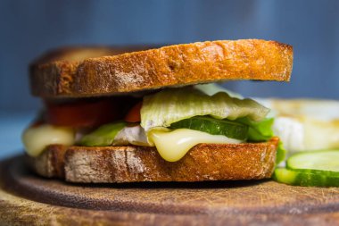 Kızarmış peynirli ekmek, salatalık, domates ve ahşap tabakta salata. Vejetaryen, sağlıklı ev yemekleri.