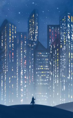 Adamın silueti tepede duruyor ve önünde gece şehrine bakıyor. Dijital resim, fantezi kurma arka planı