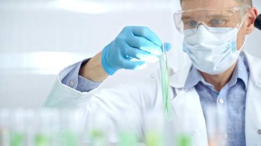 Koruyucu eldivenleri ve gözlükleri olan bir bilim adamı yeşil sıvıyla laboratuvar tüpünü inceliyor. Mikrobiyoloji ve bilim konsepti.