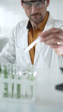 Laboratuvar önlüğü ve koruyucu gözlük takan erkek bir bilim araştırmacısı yeşil bir bitkinin bulunduğu bir deney tüpünün içine pipetten sıvı damlatıyor. Yüzü dikey bir portreye odaklanmış.