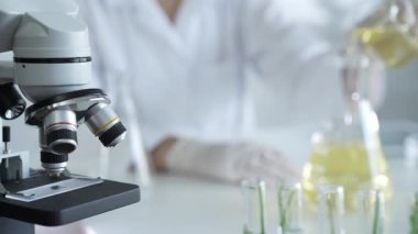 Laboratuvar önlüğü ve beyaz koruyucu eldivenler giyen tanınmayan kadın bilim adamı, laboratuarda bir şişeden diğerine sarı yağlı bir sıvı döküyor, kapatın. Tıp ve mikrobiyoloji bilimi.