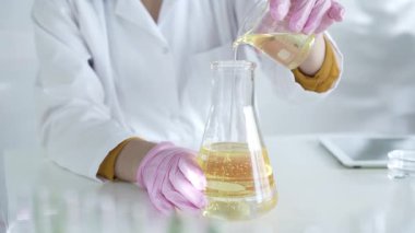 Laboratuvar önlüğü ve pembe koruyucu eldiven giyen bir bilim adamı laboratuarda sarı yağlı bir sıvıyı laboratuvardan diğerine döküyor. Tıp ve Bilim.