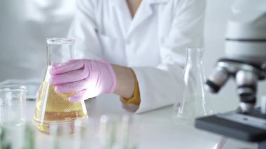 Laboratuvar önlüğü ve pembe koruyucu eldiven giyen bir bilim adamı laboratuarda sarı yağlı bir sıvıyı laboratuvardan diğerine döküyor. Tıp ve Bilim.