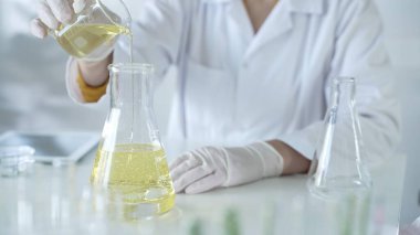 Laboratuvar önlüğü ve beyaz koruyucu eldiven giyen bir bilim adamı, laboratuarda bir şişeden diğerine sarı yağlı bir sıvı döküyor, kapatın. Tıp ve bilim konsepti.