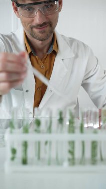 Laboratuvar önlüğü ve koruyucu gözlük takan bilim adamı, pipetten damlayan sıvıyı, içinde yeşil bir bitki bulunan test tüpüne damlatıyor, dikey portre odaklı. Bilim ve tıp.