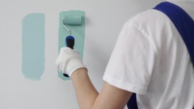 Boya rulosu kullanan bir ressam, açık yeşil rengin iki tonunu karşılaştırıyor, bir ev yenileme projesi sırasında duvar rengi için dikkatli bir seçim yapıyor. İç tasarım için mükemmel bir renk seçiliyor