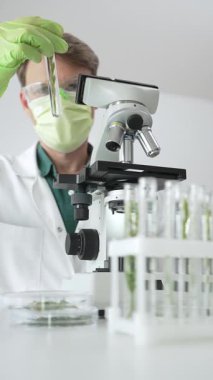 Koruyucu giysi giyen erkek bilim adamı mikroskop, cam ve bilimsel ekipman yakınında yeşil bitki örnek tüpünü analiz ediyor. Tıp, sağlık ve bilim konsepti.