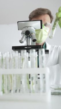 Koruyucu giysi giyen erkek bilim adamı mikroskop, cam ve bilimsel ekipman yakınında yeşil bitki örnek tüpünü analiz ediyor. Tıp, sağlık ve bilim konsepti.