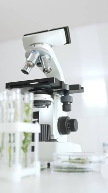 Mikroskop ve test tüplerini laboratuarda kullanıma hazır hale getirin. Tıp, sağlık ve bilim konsepti.