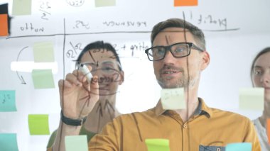Gülümseyen iş adamları tartışma ve strateji planlaması yapıyor, modern ofis ortamında cam bir duvara renkli yapışkan notlar yapıştırıyor, takım çalışmasını ve işbirliğini teşvik ediyor