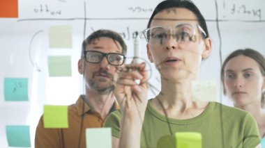 İş adamları stratejik hedefler üzerinde beyin fırtınası yapıyor, şeffaf beyaz tahta üzerinde renkli yapışkan notlar ve modern ofiste siyah kalemle yenilikçi kavramların haritasını çıkarıyorlar..