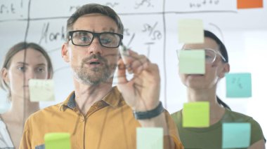 İş arkadaşları beyin fırtınası yapıyor, cam tahtaya strateji notları yazıyor, yaratıcı iş yeri toplantısında renkli yapışkan notlarla işbirliği yapıyorlar. Takım çalışması konsepti.