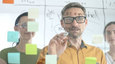 İş ekibi işbirliği yapıyor ve strateji kuruyor, cam bir tahtada yapışkan notlar kullanıyor, bir proje üzerinde birlikte çalışıyor, fikirleri paylaşıyor ve yenilikçi çözümler geliştiriyor.