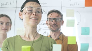 İş ekibi işbirliği yapıyor ve strateji kuruyor, cam bir tahtada yapışkan notlar kullanıyor, bir proje üzerinde birlikte çalışıyor, fikirleri paylaşıyor ve yenilikçi çözümler geliştiriyor.