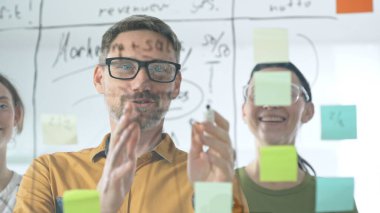 Gülümseyen iş adamları tartışma ve strateji planlaması yapıyor, modern ofis ortamında cam bir duvara renkli yapışkan notlar yapıştırıyor, takım çalışmasını ve işbirliğini teşvik ediyor