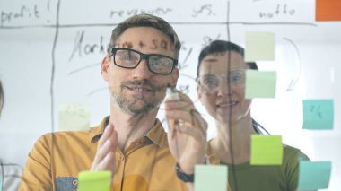 Gülümseyen iş adamları tartışma ve strateji planlaması yapıyor, modern ofis ortamında cam bir duvara renkli yapışkan notlar yapıştırıyor, takım çalışmasını ve işbirliğini teşvik ediyor