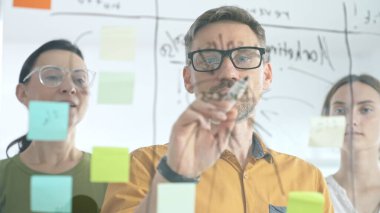 İş ekibi işbirliği yapıyor ve strateji kuruyor, cam bir tahtada yapışkan notlar kullanıyor, bir proje üzerinde birlikte çalışıyor, fikirleri paylaşıyor ve yenilikçi çözümler geliştiriyor.