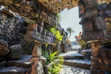İnanılmaz mağara, havuz, doğal oditoryum, Cesar Manrique tarafından tasarlanmış tuzlu göl Lanzarote, Kanarya Adaları, İspanya 'daki Jameos del Agua adlı volkanik tünelde.
