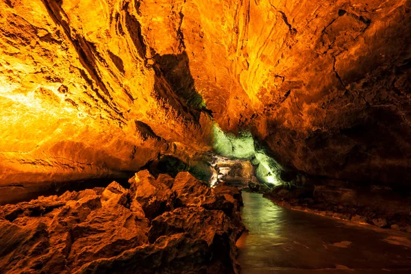 Lanzarote Kanarya Adaları Spanya Renkli Aydınlatma Ile Çarpıcı Verdes Mağarası — Stok fotoğraf