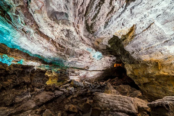 Lanzarote Kanarya Adaları Spanya Renkli Aydınlatma Ile Çarpıcı Verdes Mağarası — Stok fotoğraf